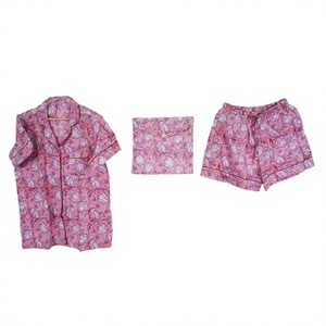 Ensemble de pyjama d'été pour femmes à col rabattu imprimé floral, 100% coton tricoté, fermeture à cordon, confortable, respirant, court - Product Image 1
