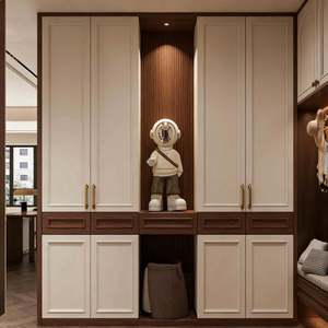 Custom Built in <b>Wardrobe</b> Cream White and Dark Wood Frame With Open Display Center and Closed Side Cabinets - Product Image 2