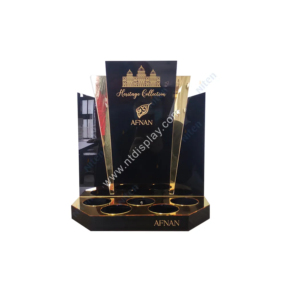 Luxury Golden Mirror Acrylic Cosmetic Counter Display Stand Skincare Table Showcase Display Counter Holder