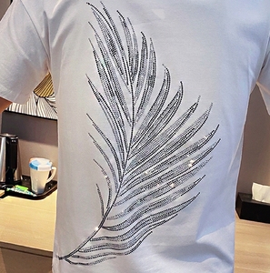 T-<span class=keywords><strong>shirt</strong></span> en <span class=keywords><strong>coton</strong></span> à manches courtes et col rond, tricoté, multicolore, décontracté, avec logo personnalisé et impression de strass pour hommes, vente en gros - Product Image 5