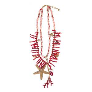 Collier superposé tendance en acier inoxydable 316L plaqué or PVD, durable et résistant, avec pendentif étoile de mer en corail rouge multi-brins - Product Image 1