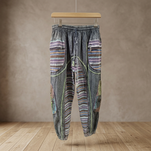 Stonewashed Canvas <b>Harem</b> Pants <b>Trouser</b> High-Waisted Drawstring Elastic Waist Two Deep Pockets 100% Cotton Paisley Pattern - Product Image 3