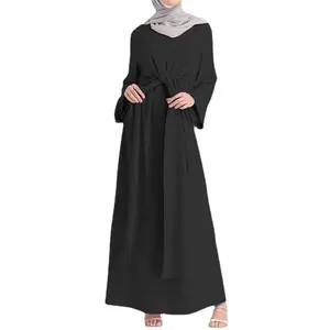 Женское платье с кружевной талией, длинное однотонное платье в арабском стиле на Средний Восток, абайя, одежда в мусульманском стиле, женское платье с длинным рукавом, новинка 2023