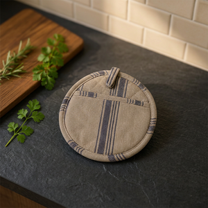 Porte-casserole rond en lin de qualité supérieure avec motif rayé bleu marine et boucle de suspension, résistant à la chaleur, pour la cuisine - Product Image 3