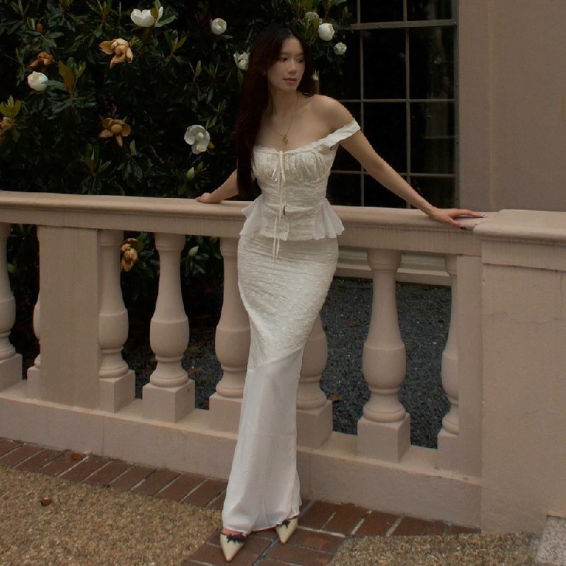 white two piece vintage dress ZUNQKG Womens Corset 2 Outfits Off Shoulder Bell Sleeve Casual Party Elegant Bustier Dress S at Amazon Women's Clothing store Short Sleeves Back Vintage 90s Bow Wedding Set