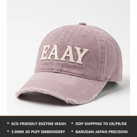 Op maat gemaakte Oxford Terry stof baseballcap met stippen-herringbone patroon, distressed look, 3D borduurwerk, vintage wassing, contrastkleurige klep en rafelrand.