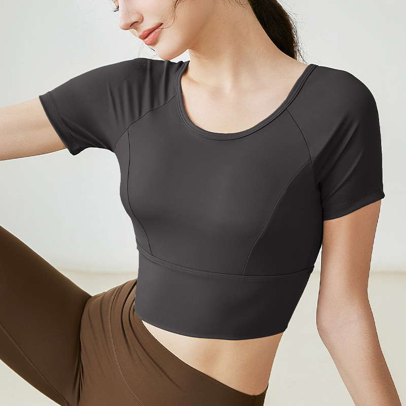 Women's Lightweight Breathable Nylon Mesh Crisscross Back Yoga Tank Top Short Sleeve Cropped Built-in Cups Four-Way Stretch