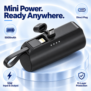 Chargeur portable compact 5000 mAh avec câble de charge intégré, alimentation 10 W, double port USB, support de téléphone pliable - Product Image 4