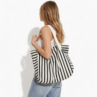 Sac fourre-tout en toile rayée personnalisable avec bandoulière, sac d'épicerie blanc réutilisable avec logo imprimé, sac de shopping pour les voyages et le travail