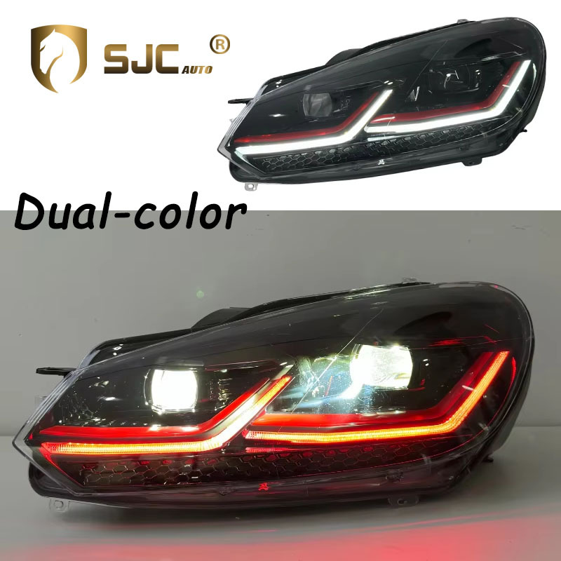 Sjc V2 Dual-Color LED Headlight Assembly For Volkswagen Golf 6 2009-2012 White Red DRL