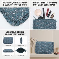 Pochette personnalisée en coton matelassé à volants, motif floral, pour cosmétiques, trousse de toilette de voyage mignonne pour femmes et filles