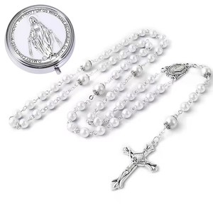 Collana Rosario con Croce della Madonna in Vetro Imitazione Perla, Fatta a Mano, per Battesimo, con Scatola - Product Image 6
