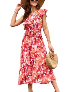 Abito Midi Floreale Monospalla con Volant da Donna, Stile Europeo Americano, Vita Sottile con Laccetti, Orlo a Balze a Strati, Vestito Estivo Casual - Product Image 5