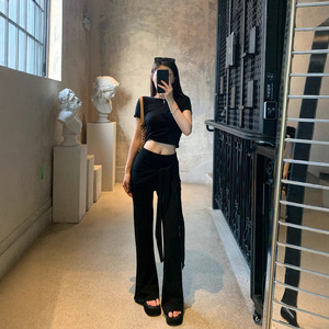 Women's Casual Set Black Solid Color Short Sleeve Crop Top With Flare Pants Knitted Polyester YX-2101 - Product Image 1