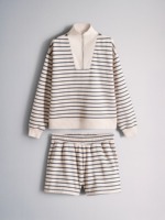 Ensemble deux pièces pour femme : sweat-shirt à col montant zippé et short en coton French Terry rayé avec broderie personnalisée