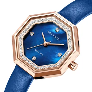 Mini Focus 0304L Fashion Elegant Women Quartz Watches Blue Leather Strap Diamond Iced Out Brand Luxury Lady Watch