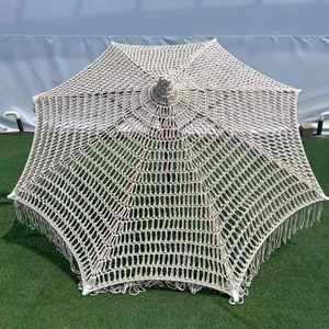 Fantástico paraguas de madera de lujo para <span class=keywords><strong>Patio</strong></span> de ganchillo, borlas de algodón hechas a mano, sombrilla de 2,5 m, cuerdas de macramé, paraguas abierto con flecos