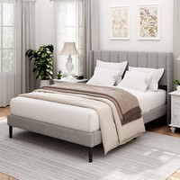 Lit moderne haut de gamme réglable en tissu lin gris avec tête de lit à oreilles, base de rangement hydraulique, sans sommier requis, idéal pour chambre d'appartement de petite taille
