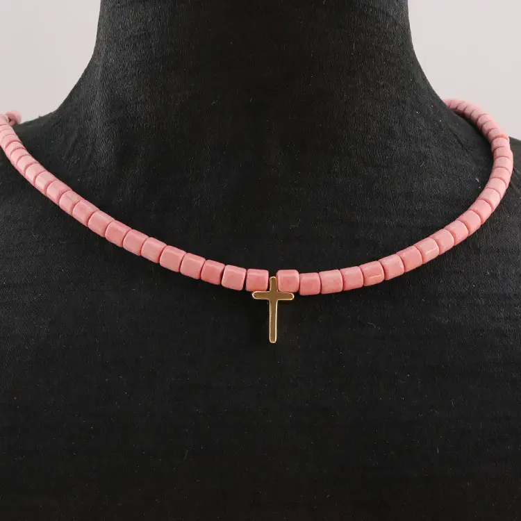 NN1152 Pink Stone Tube Beaded 18K Gold Plain Cross Charm Choker Chain Necklace,Religious Orthodox Jewelry