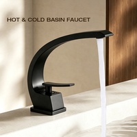 Robinet de salle de bain moderne monocommande noir mat en aluminium spatial avec bec courbé, à montage sur plan, monotrou, mitigeur eau chaude et froide