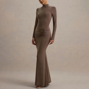 ZYHT 75136 Produttore OEM ODM Abito Lungo a Sirena con <span class=keywords><strong>Maniche</strong></span> <span class=keywords><strong>Lunghe</strong></span> Verde <span class=keywords><strong>Marrone</strong></span> con Arricciature - Product Image 2