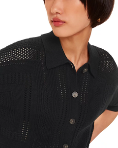 Blusa <span class=keywords><strong>de</strong></span> Mujer Negra con Crochet Calado, Cuello Camisero, Manga Media, Corta, con Botones, para Oficina y Uso Casual - Product Image 4