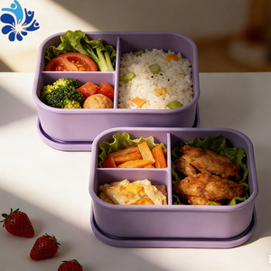 Purple Silicone Lunch Box 700ml 1300ml Three Compartment Microwave Safe Bento Container With Plastic Lid Rectangle Shape - Product Image 3