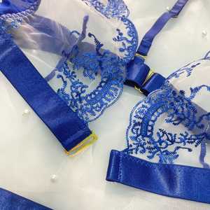Azul ver a través de bordado 3PC Liga San Valentín lencería <span class=keywords><strong>sexy</strong></span> conjunto de regalo con medias Para Mulheres Gordas - Product Image 4
