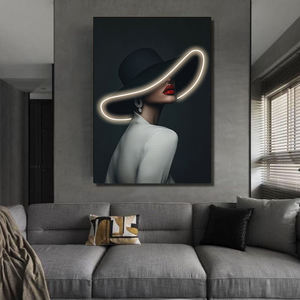 Art mural moderne avec bande lumineuse LED, portrait de femme sexy, noir et blanc, impressions décoratives en cristal, peinture murale pour salon - Product Image 4