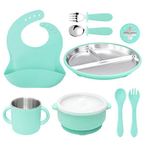 Juego de alimentación para bebés de 8 piezas, platos y tazones de acero inoxidable con ventosas, tenedor y cuchara de silicona, utensilios para la alimentación complementaria (BLW) - Product Image 5