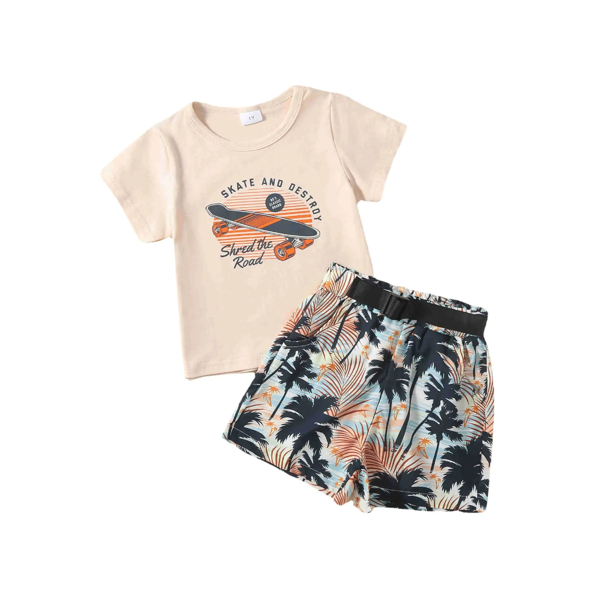 Pantalones cortos de playa de manga corta con letras impresas de estilo de vacaciones europeo y americano para niños, traje de niño de moda de dos piezas