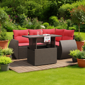 Poly <b>Rattan</b> Garden <b>Sofa</b> Set 5 Piece Brown With Cushions Outdoor Furniture Contemporary Design - Product Image 2