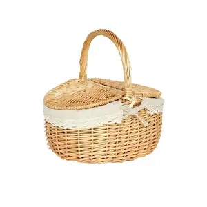 Round Wicker Picnic Basket Wood With A Foldable Wood Lid Rattan Beach Woven Vegetable Basket