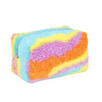 Sac de maquillage Royal Fair personnalisé multicolore arc-en-ciel tie-dye en peluche douce et mignonne, organiseur de voyage en fourrure moelleuse avec fermeture éclair