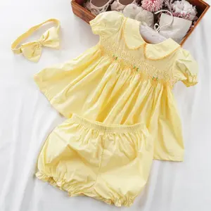 2023-3 Pcs Wholesale Smocked Infant Baby Girls Smocked Dress Floral 100% Cotton Kids Clothes Children
