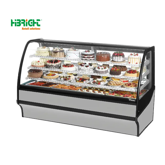 Enfriador de exhibición de pasteles de refrigeración por aire comercial de alta calidad, escaparate de exhibición de pasteles de panadería con luces