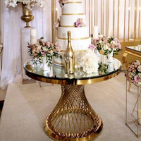 Meubles de banquet de mariage, table à manger ronde de luxe en acier inoxydable doré, table en verre de mariage