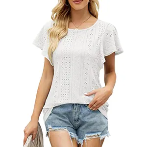 Womens Summer Ruffle Sleeve Tshirts Eyelet Crew Neck Loose Fit Casual Blouse Tops