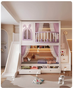 Nueva litera infantil con temática morada y tobogán, estructura <span class=keywords><strong>de</strong></span> madera maciza con almacenamiento, cama <span class=keywords><strong>de</strong></span> princesa para dormitorio <span class=keywords><strong>de</strong></span> niña, juego <span class=keywords><strong>de</strong></span> muebles. - Product Image 2