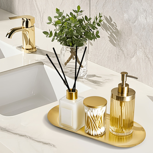 Bandeja <span class=keywords><strong>de</strong></span> Servicio <span class=keywords><strong>de</strong></span> Metal Dorado - Organizador Decorativo para Baño y Tocador para Perfumes, Joyas, Llaves y Pequeños Accesorios - Product Image 4