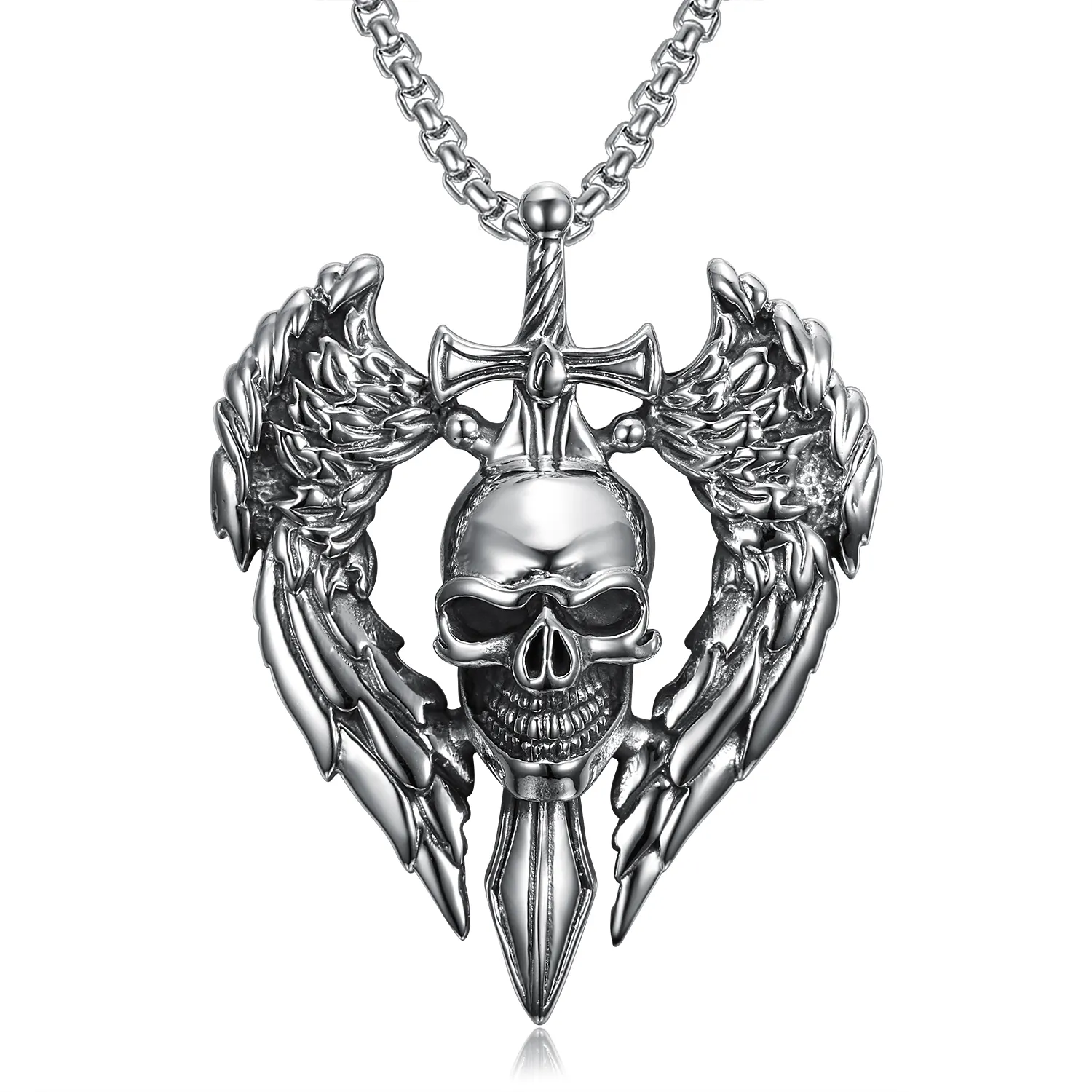 OEM ODM пользовательские высокополированные серебряные панк хип-хоп бикеры из нержавеющей стали череп и ангельские крылья меч подвеска мужское ожерелье
