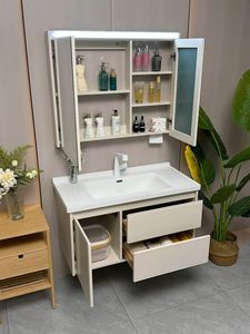 Multi-space storage mirror cabinet with top <b>LED</b> single-color <b>light</b> strip tissue paper hole white washbasin - Product Image 2