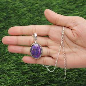 Turquoise <b>Solid</b> Sterling <b>Silver</b> Pendant <b>Necklace</b> December Birthstone Handmade Statement Bezel Setting with Rhodium Gold Plating - Product Image 2