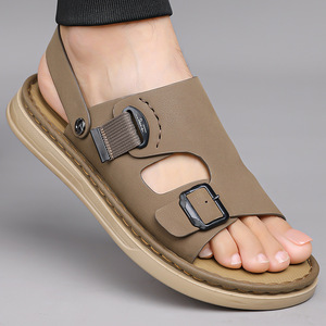 Sandales d'été pour hommes, chaussures de plage plates, antidérapantes, respirantes, en cuir, à enfiler, décontractées, kaki, noir - Product Image 3