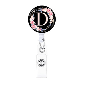 Cross-border epoxy easy-pull <b>buckle</b> letter flower retractable round keychain with back <b>clip</b> and rebound cord puller name tag - Product Image 2