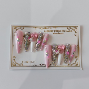 Nuevo diseño Crystal Pink Bling Press On Nails Long Square Soft Gel Grueso Lujo Hecho a mano Falso <span class=keywords><strong>Uñas</strong></span> postizas 10pc - Product Image 6