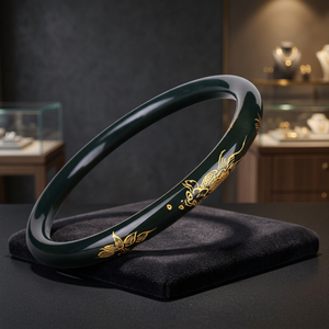 Brazalete de Jade Verde con Baño de Oro, Diseño de Corona, Moderno, para Mujer, Tira Plana Redonda, Joyería de Regalo, LO MEJOR - Product Image 4