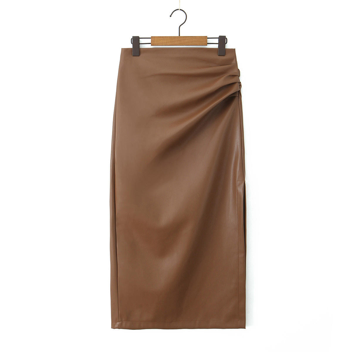 Jupe midi en PU marron cacao