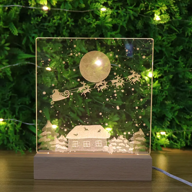 Christmas Eve Gift 3D Carved Inside Wooden Night Light Base Mood Lamp