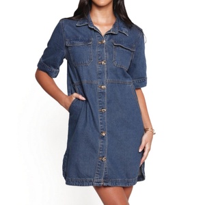 Robe chemise en jean délavé la plus vendue, coupe décontractée, manches courtes, mini-robe pour femme - Product Image 1